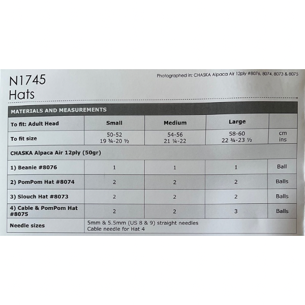 Chaska Alpaca Yarns - Alpaca Air 12ply - Beanie Hat Pattern Leaflet