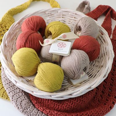 KPC Yarn Market Bag Kit Gossyp 8ply/DK - 9 ball kit, colours Sap, Baked Clay and Chinchilla